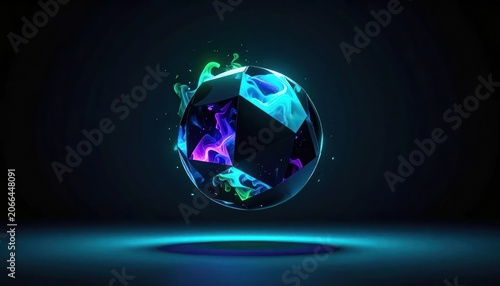 Geometric orb engulfed in colorful, ethereal flames against a dark blue background