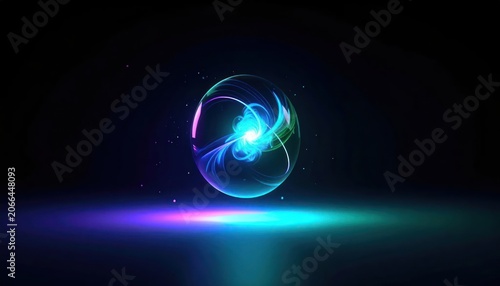 Luminous, floating energy orb with vibrant blue, green, and purple light against black