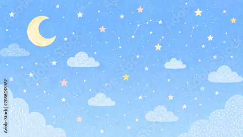 北欧風デザインの月と星が輝く夜空の風景イラスト