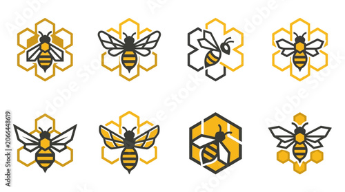Collection of bee icons with flowers.