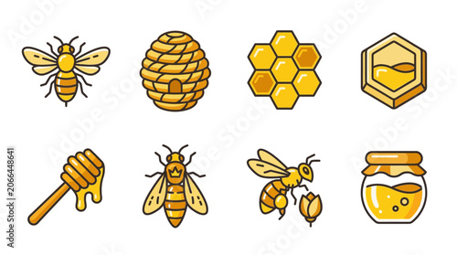 Collection of bees and honey icons.