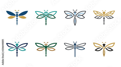 Colorful dragonflies in various designs.