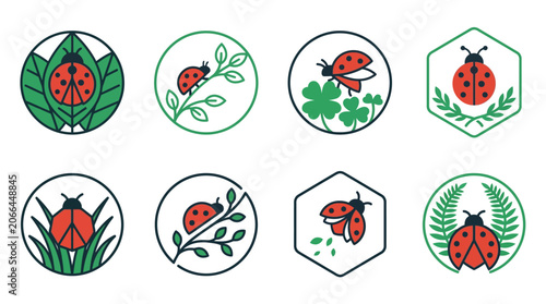 Ladybugs in various circular frames icons.