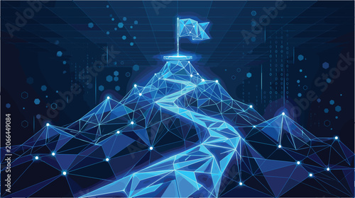 Abstract futuristic digital path leading to mountain peak with flag low poly wireframe technology background achievement business success concept vector