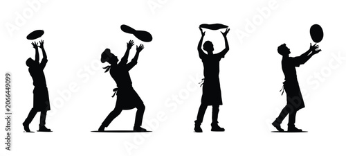 Dough tossing baker silhouette set isolated on transparent background. Flatbread and pizza dough preparation vector collection.