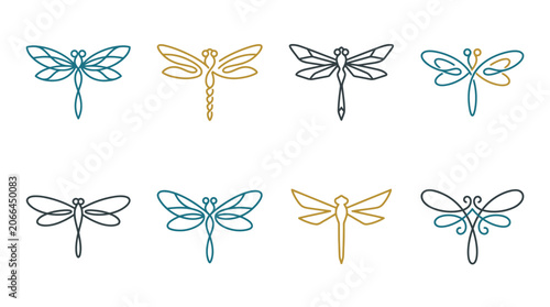 Colorful dragonflies in various poses.