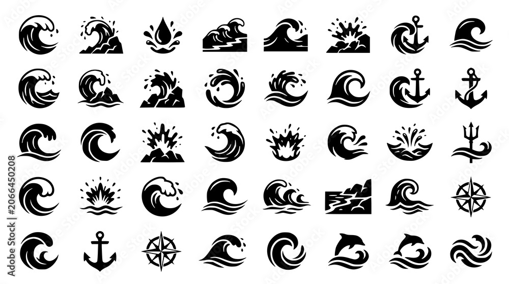 Fototapeta premium Minimal Ocean Wave and Rock Impact Icons Black Water Splash Vector Collection