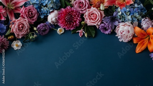Assorted colorful flowers including roses dahlias and hydrangeas arranged on a dark blue background surface