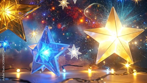 Festive glowing star decorations and fairy lights against a magical cosmic night sky background