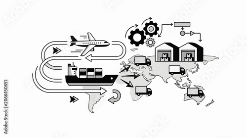 A monochromatic infographic illustrating global supply chain logistics with various transportation modes and warehouse facilities
