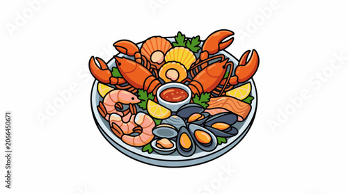 A plate of seafood with lobster, shrimp, mussels, and clams