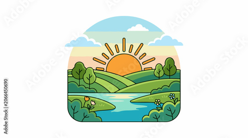 A serene landscape with a river flowing through rolling hills and trees under a sunny sky