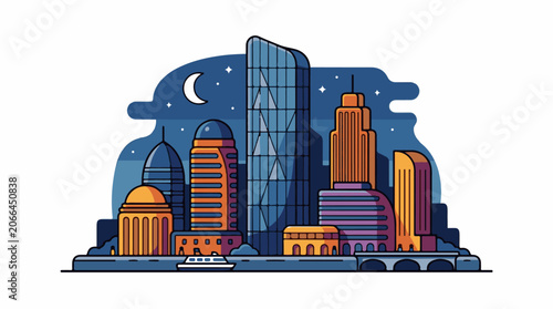 A vibrant cartoon cityscape at night