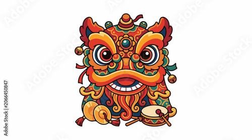 A vibrant, cartoon lion head with ornate designs and a drum
