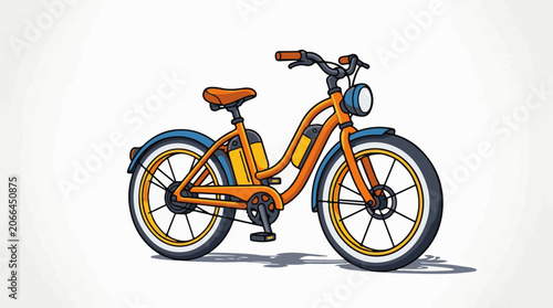 A vibrant orange bicycle with blue accents and a battery pack