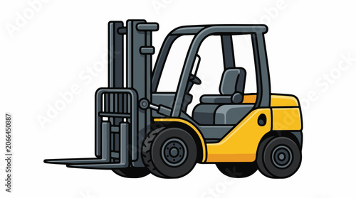 A yellow forklift with a gray seat and black tires on a white background