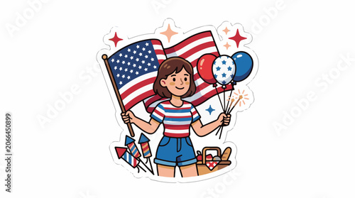 A young girl holding American flag and balloons