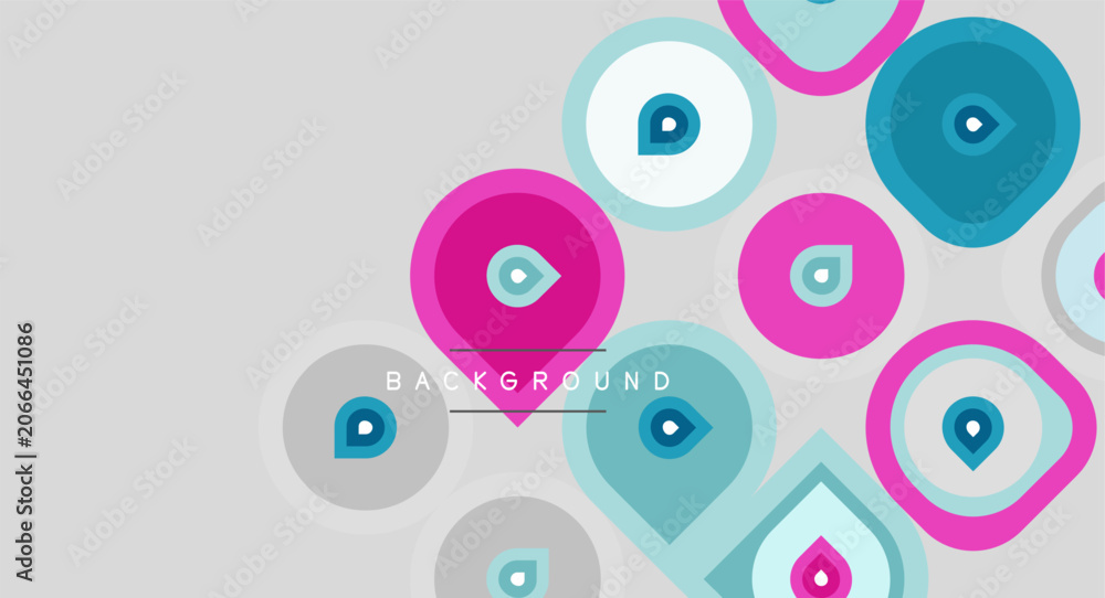 Fototapeta premium Abstract circles, squares, teardrops overlap. Soft pinks, blues dominate gray backdrop. Modern design, simple shapes create visual interest.