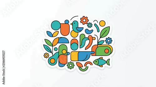 Colorful illustration of abstract shapes, leaves, bird, fish, and gears on white background