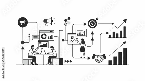 A black and white illustration of people working together with various business and graph icons