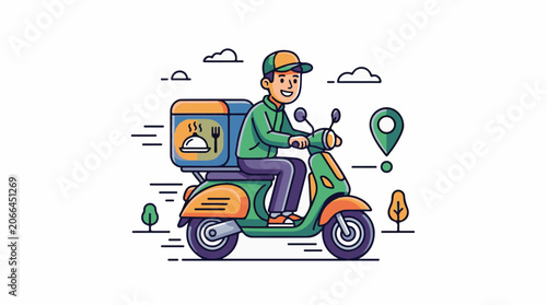 A cartoon delivery person rides a scooter with a food box