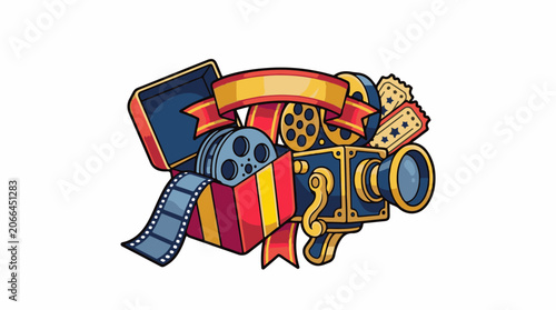 Colorful illustration of film camera with ribbons and filmstrip