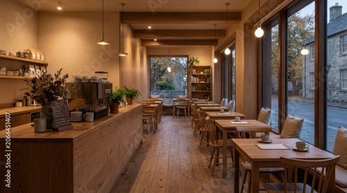 Modern Minimalist Café Interior with Warm Wooden Textures and Natural Lighting
