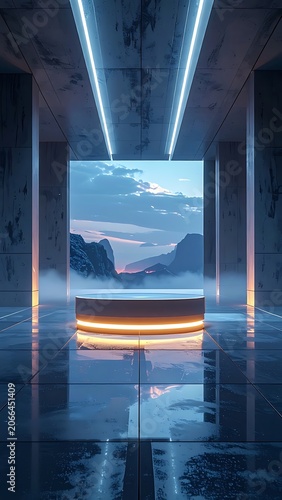 A futuristic room with a glowing portal to a mountainous landscape