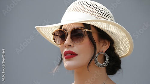 Close up portrait of a woman wearing a white straw hat, brown sunglasses, and large silver hoop earrings outdoors