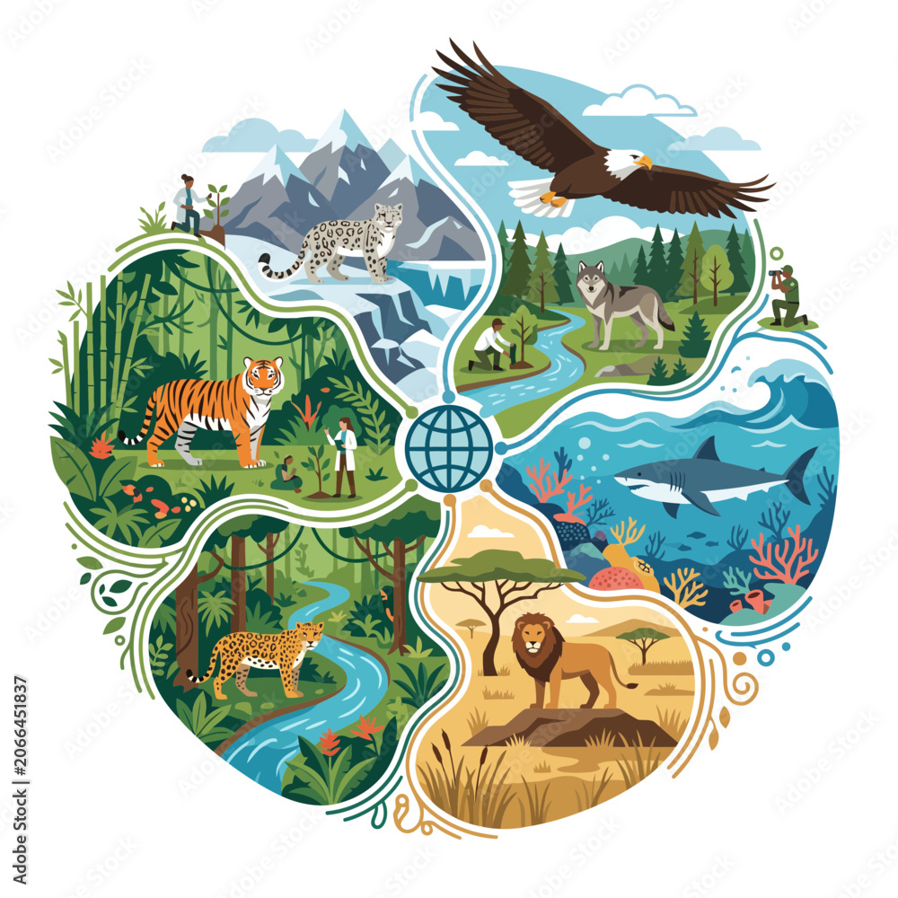 Naklejka premium A diverse illustration of animals including a tiger, lion, eagle, shark, and snow leopard in their natural habitats around the globe.