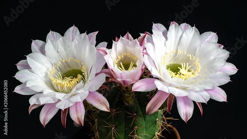 Beautiful white and pink cactus flowers blooming against a dark background