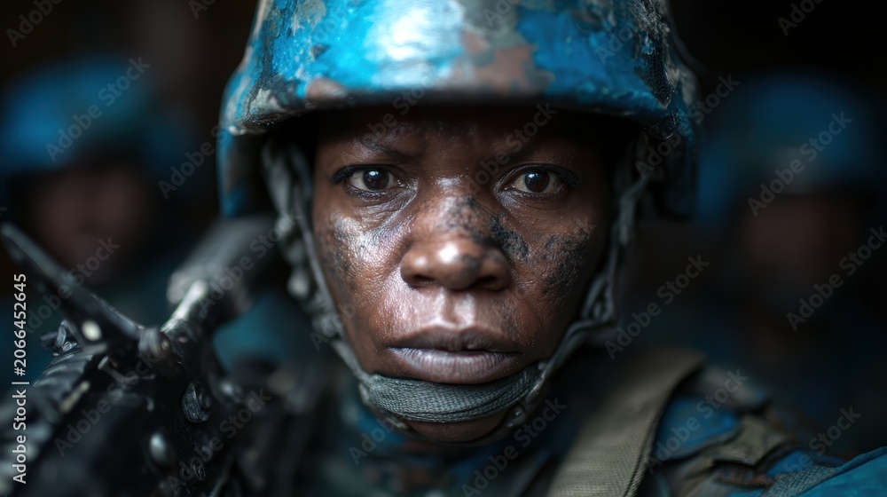 Fototapeta premium A close-up portrait of a determined soldier wearing combat gear, showcasing emotions of strength, resilience, and courage in challenging situations.