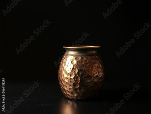 Hammered copper cup with warm reflected light and moody shadow, rustic metal texture and handcrafted detail evokes cozy atmosphere