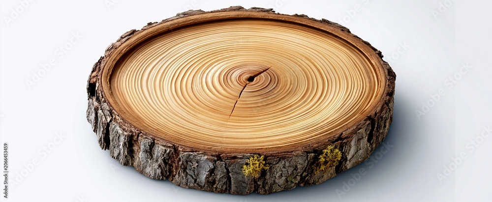 Obraz premium Weathered tree stump slice displayed from above on a white background highlighting growth rings and natural textures.