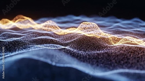 Abstract digital landscape with glowing blue and gold particle waves