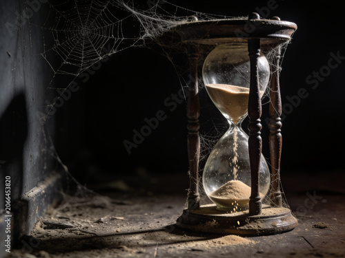 Old dusty hourglass with sand falling through cracked glass and spiderwebs clinging to wooden frame, moody abandoned atmosphere and vintage decay