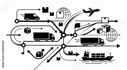 A black-and-white graphic illustrating global supply chain logistics with vehicles and boxes