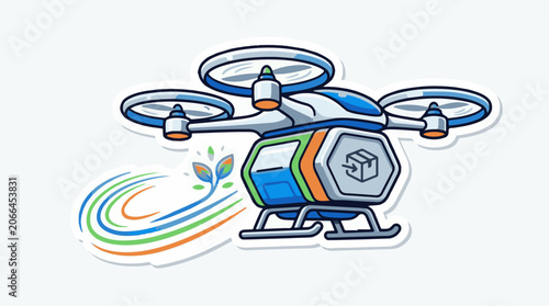 A blue drone with white propellers and green and orange accents flies with a trailing plant sprout