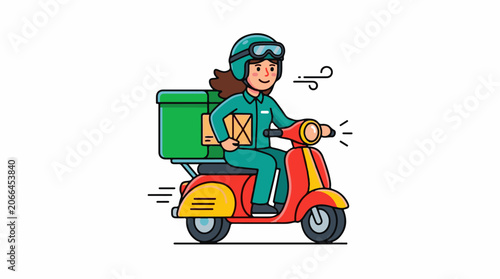 A cartoon delivery person rides a red and yellow scooter
