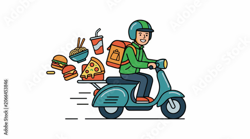 A cartoon delivery person rides a scooter with food (1)