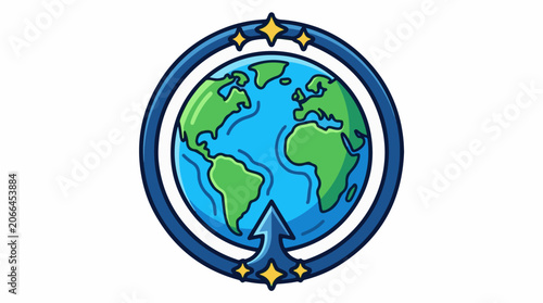 A cartoon illustration of the Earth with a blue and white circular border and yellow stars