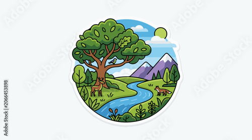 A cartoon landscape with a tree, deer, fox, and bird