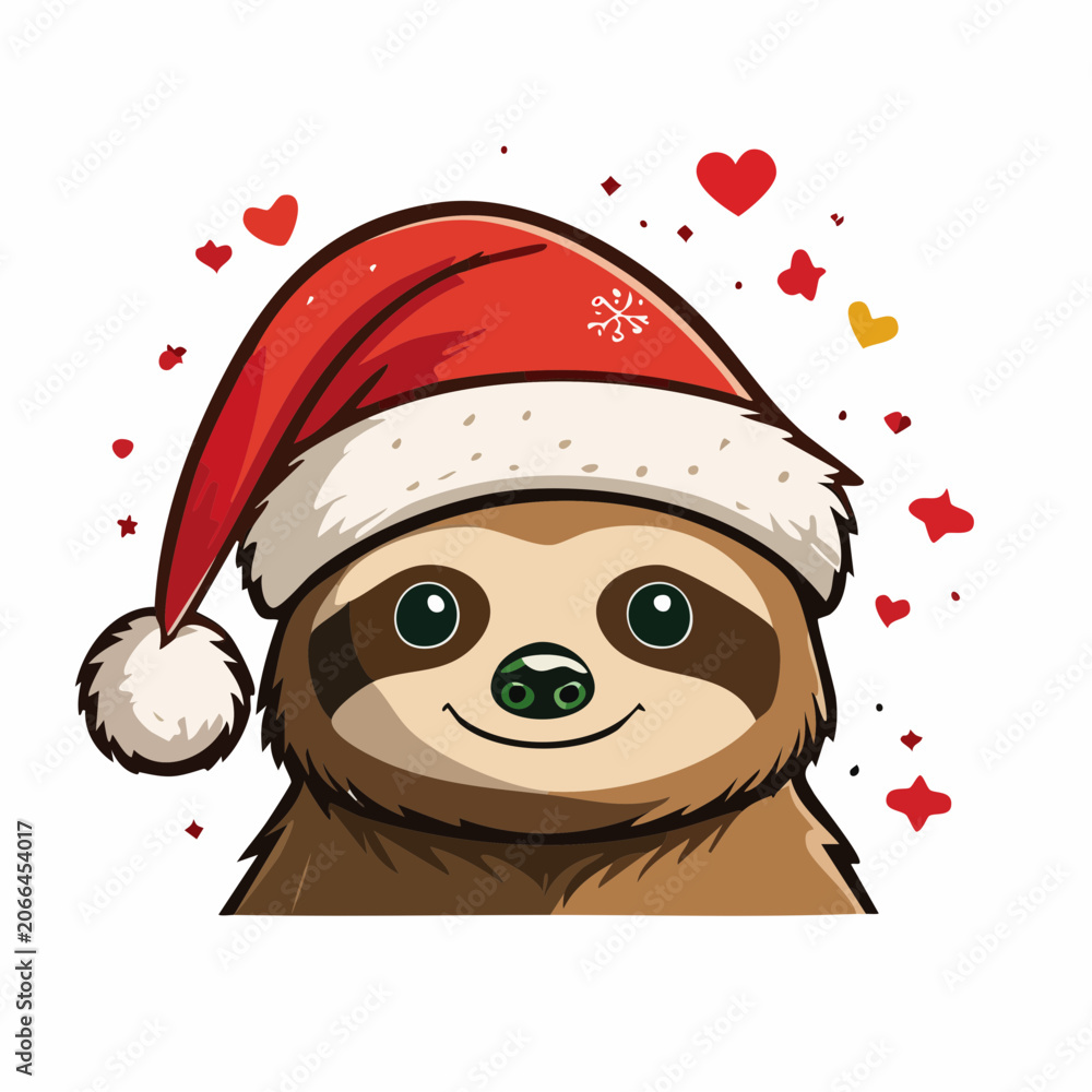 Obraz premium Cute Sloth Wearing Santa Hat with Hearts