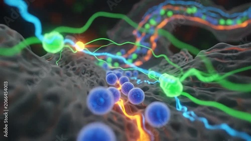 Abstract 3D rendering of glowing neural pathways and microscopic biological cells