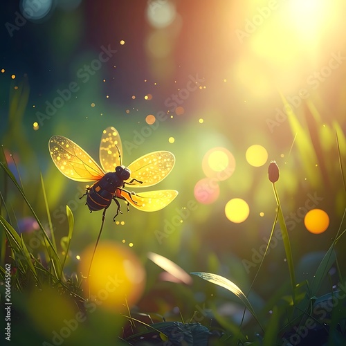 A glowing insect with translucent wings in a sunlit grassy field