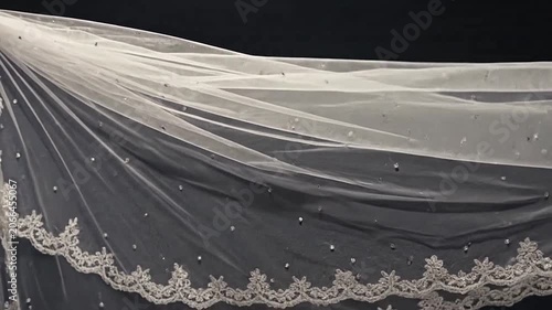 Elegant white bridal veil with lace trim and sparkling crystals