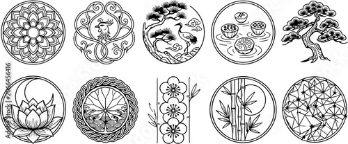 Foto Traditional Korean Decorative Motifs and Symbols - Elegant Oriental Line Art Col