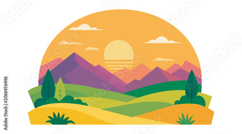 Colorful Flat Minimal Landscape Sunset Hills Vector Illustration