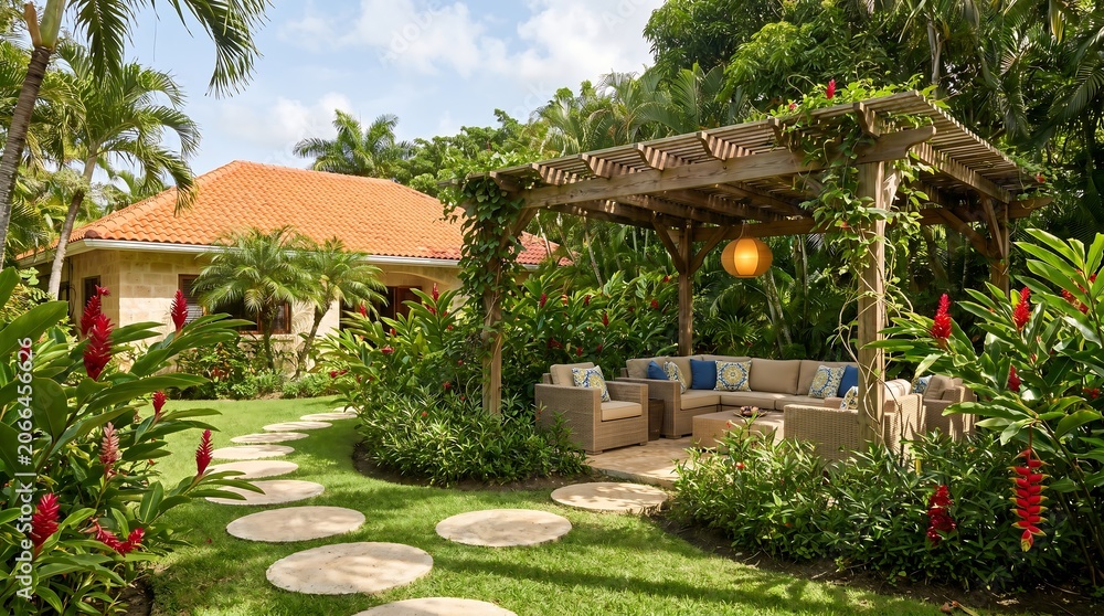 Fototapeta premium Beautiful outdoor living space with a wooden pergola, comfortable wicker furniture, and lush tropical garden landscaping