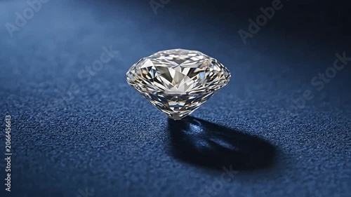 A brilliant round cut diamond sparkles intensely on a textured dark blue surface